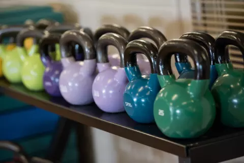 Kettlebell weights on shelf