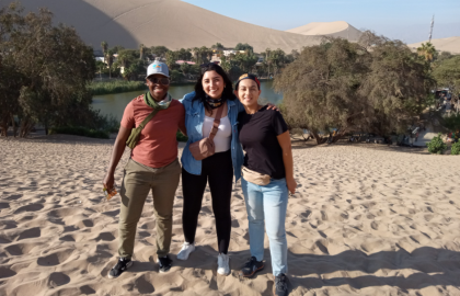 Carolina Amparo (right) with friends at the Ica Desert in Peru. 