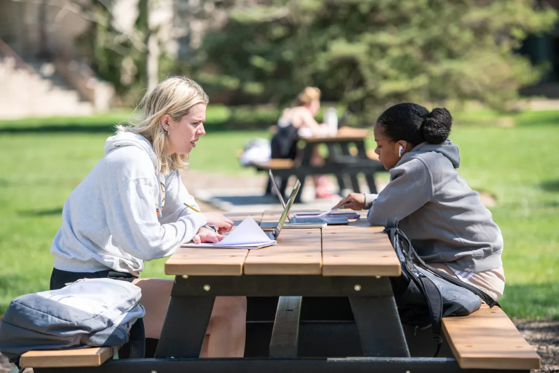 Students studying at a picnic table on the Quad in spring