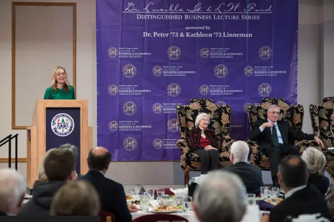 Lucille Ford in chair at the Ford Lecture Series