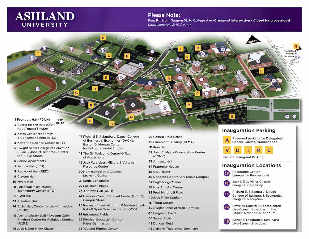 Map of Ashland University Main Campus for the Presidential Inauguration