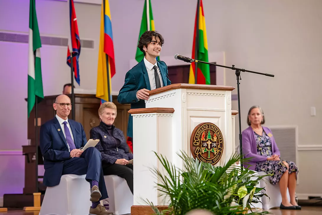 Student Senate President Aidan Nyak speaks during presidential inauguration